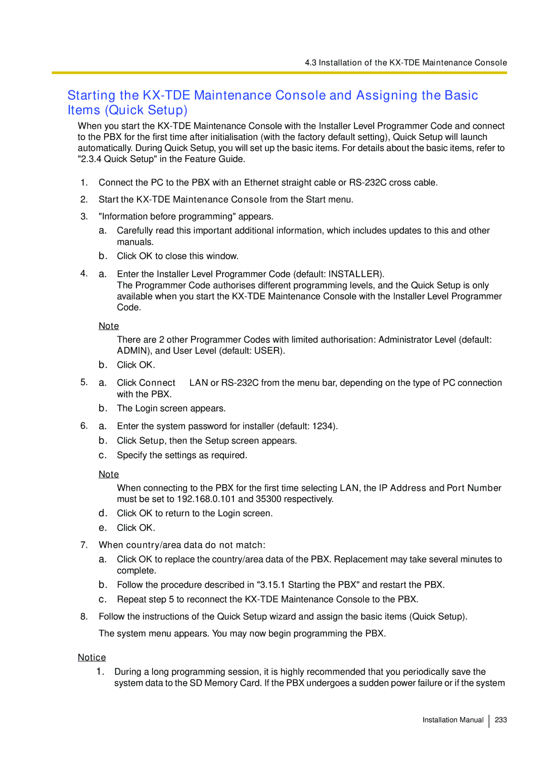 Panasonic KX-TDE100 installation manual When country/area data do not match 