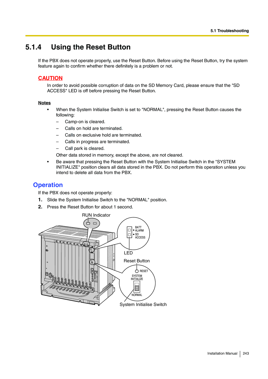 Panasonic KX-TDE100 installation manual Using the Reset Button, Operation 