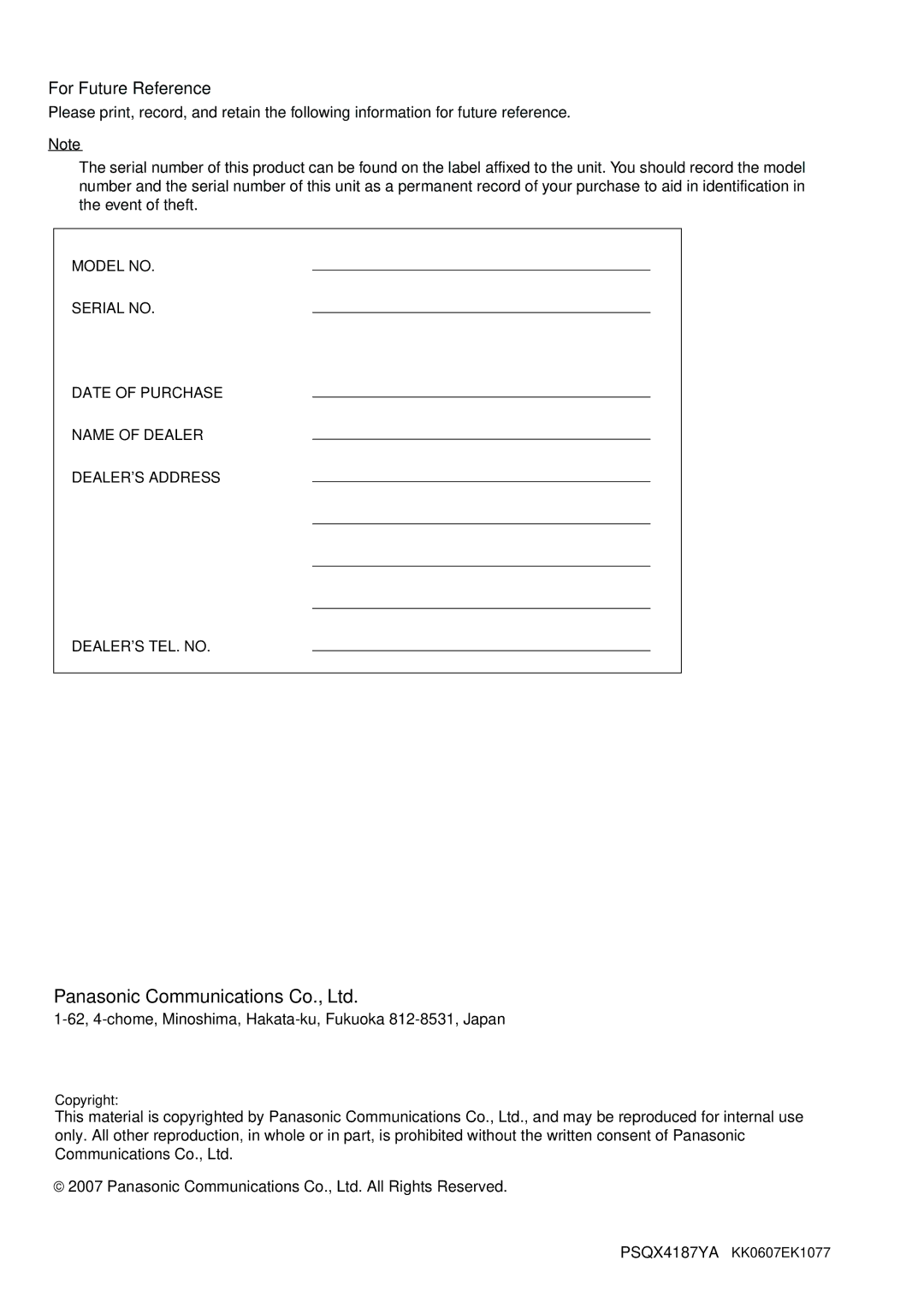 Panasonic KX-TDE100 installation manual For Future Reference 