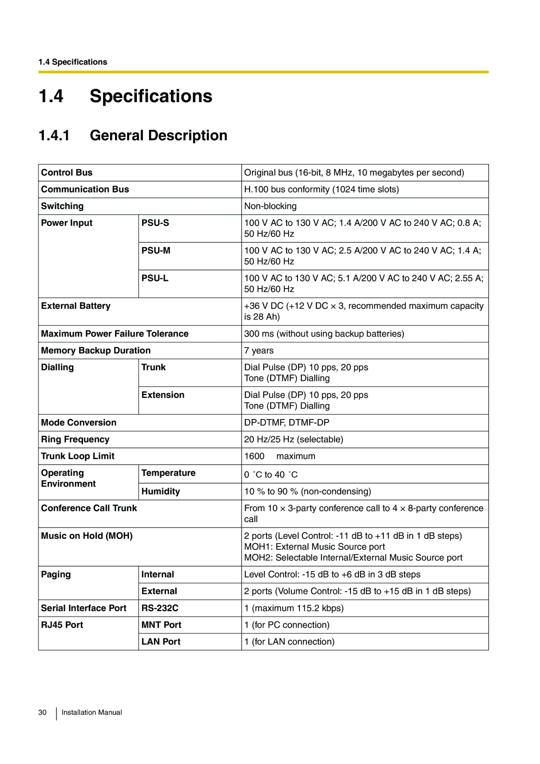 Panasonic KX-TDE100 installation manual Specifications, General Description 