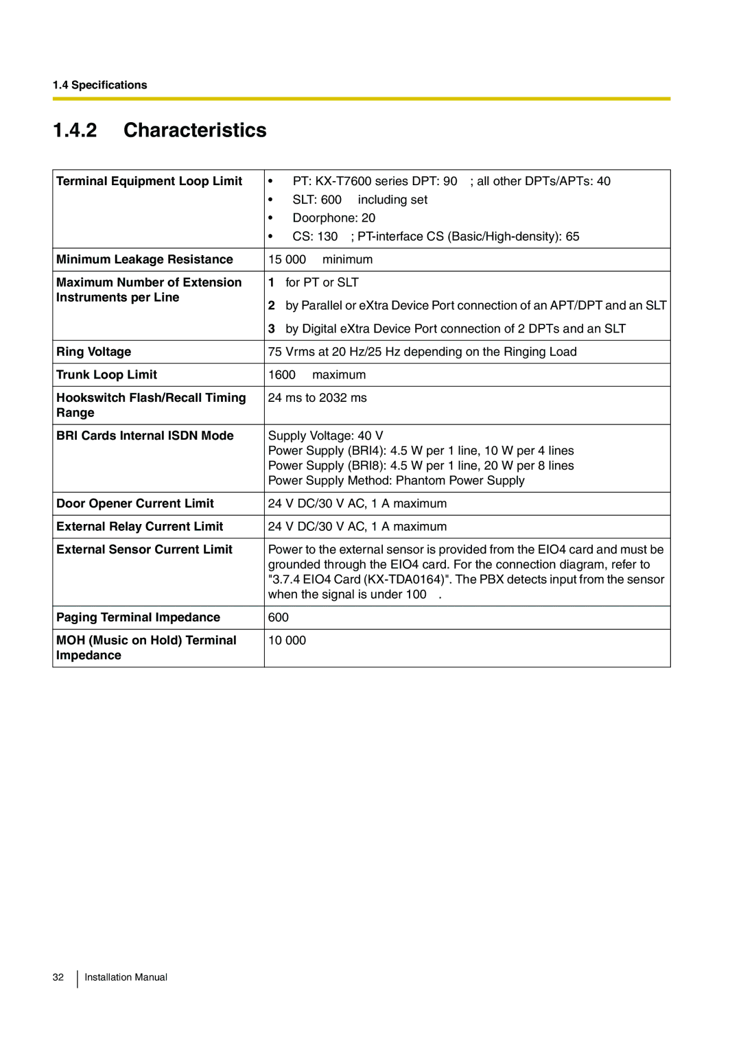 Panasonic KX-TDE100 installation manual Characteristics 