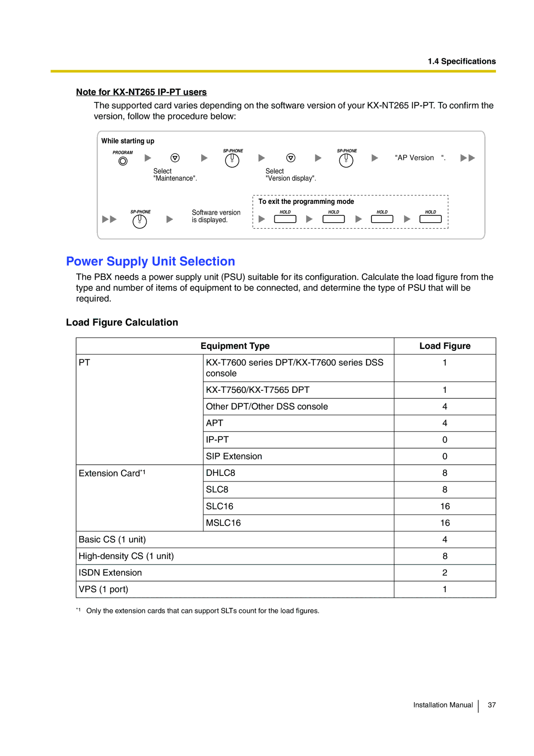 Panasonic KX-TDE100 installation manual Power Supply Unit Selection, Load Figure Calculation, Equipment Type Load Figure 