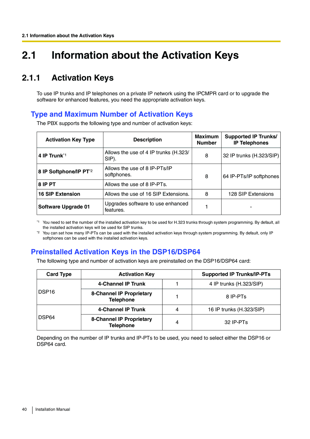 Panasonic KX-TDE100 installation manual Information about the Activation Keys, Type and Maximum Number of Activation Keys 