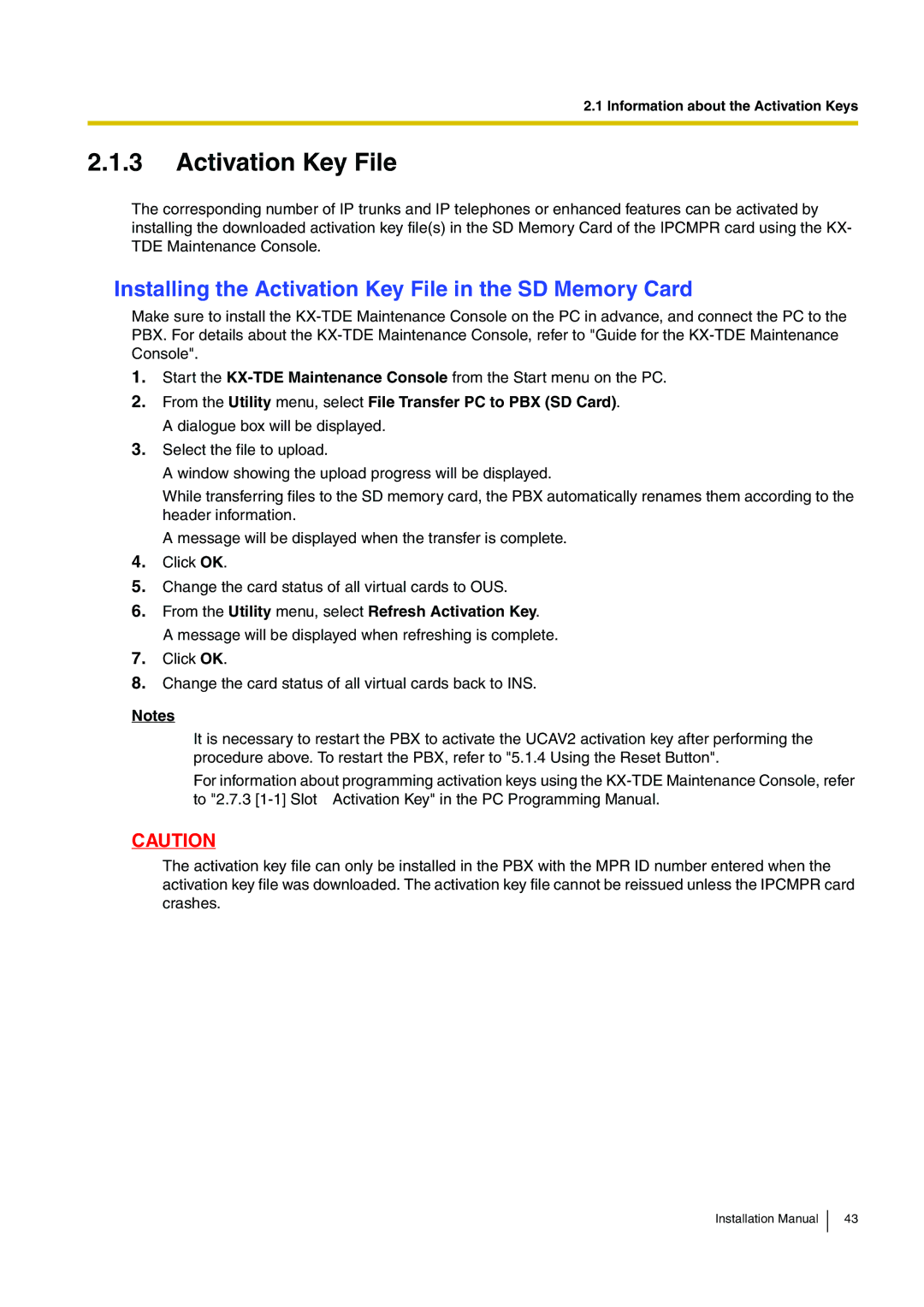 Panasonic KX-TDE100 installation manual Installing the Activation Key File in the SD Memory Card 