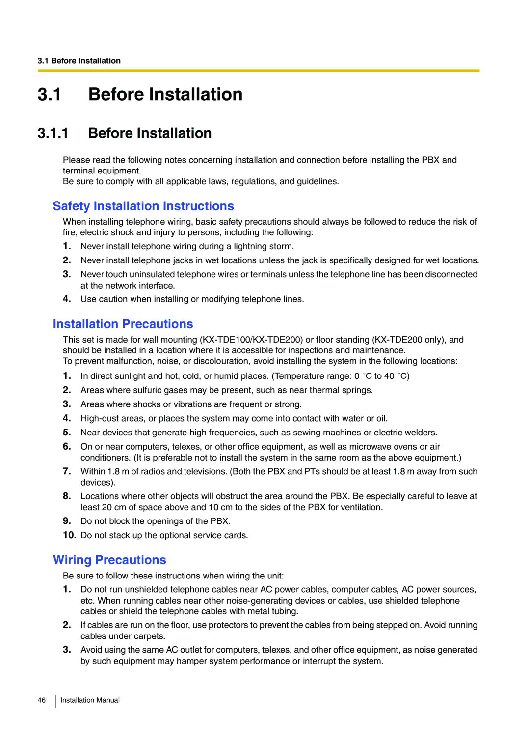 Panasonic KX-TDE100 Before Installation, Safety Installation Instructions, Installation Precautions, Wiring Precautions 