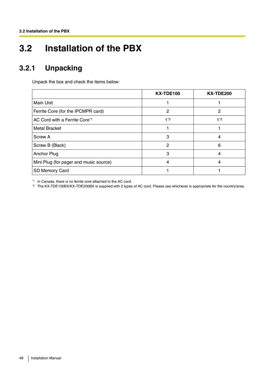 Panasonic installation manual Installation of the PBX, Unpacking, KX-TDE100 KX-TDE200 