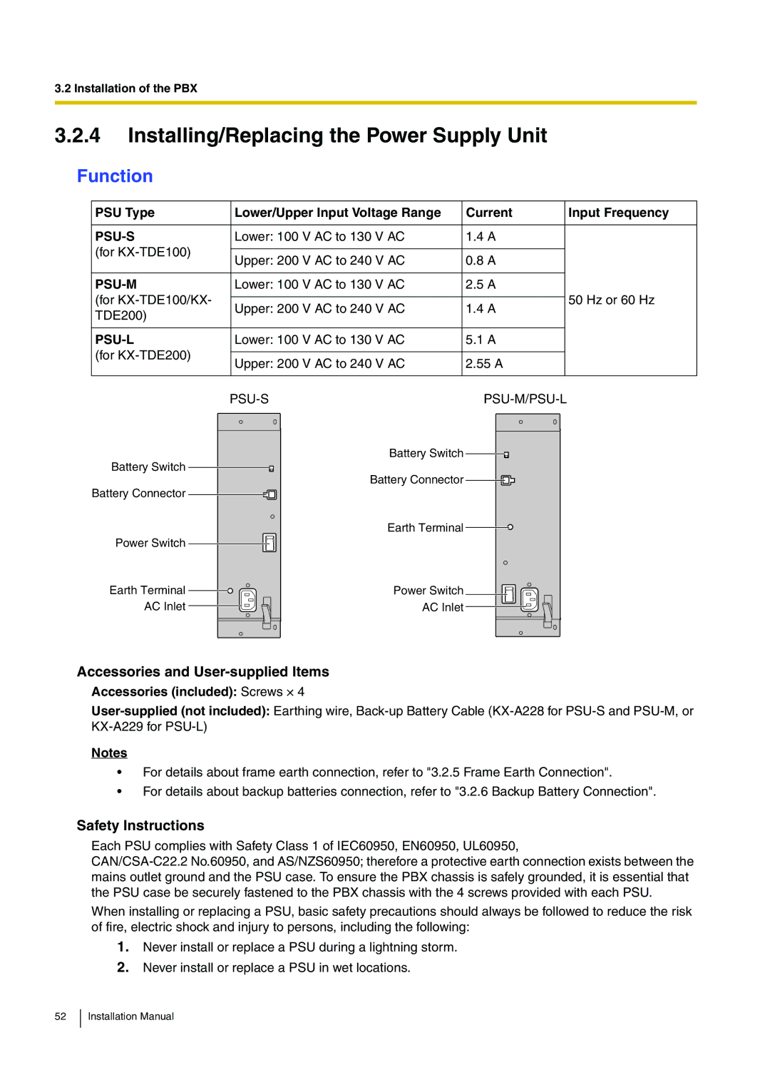 Panasonic KX-TDE100 Installing/Replacing the Power Supply Unit, Function, Accessories and User-supplied Items 