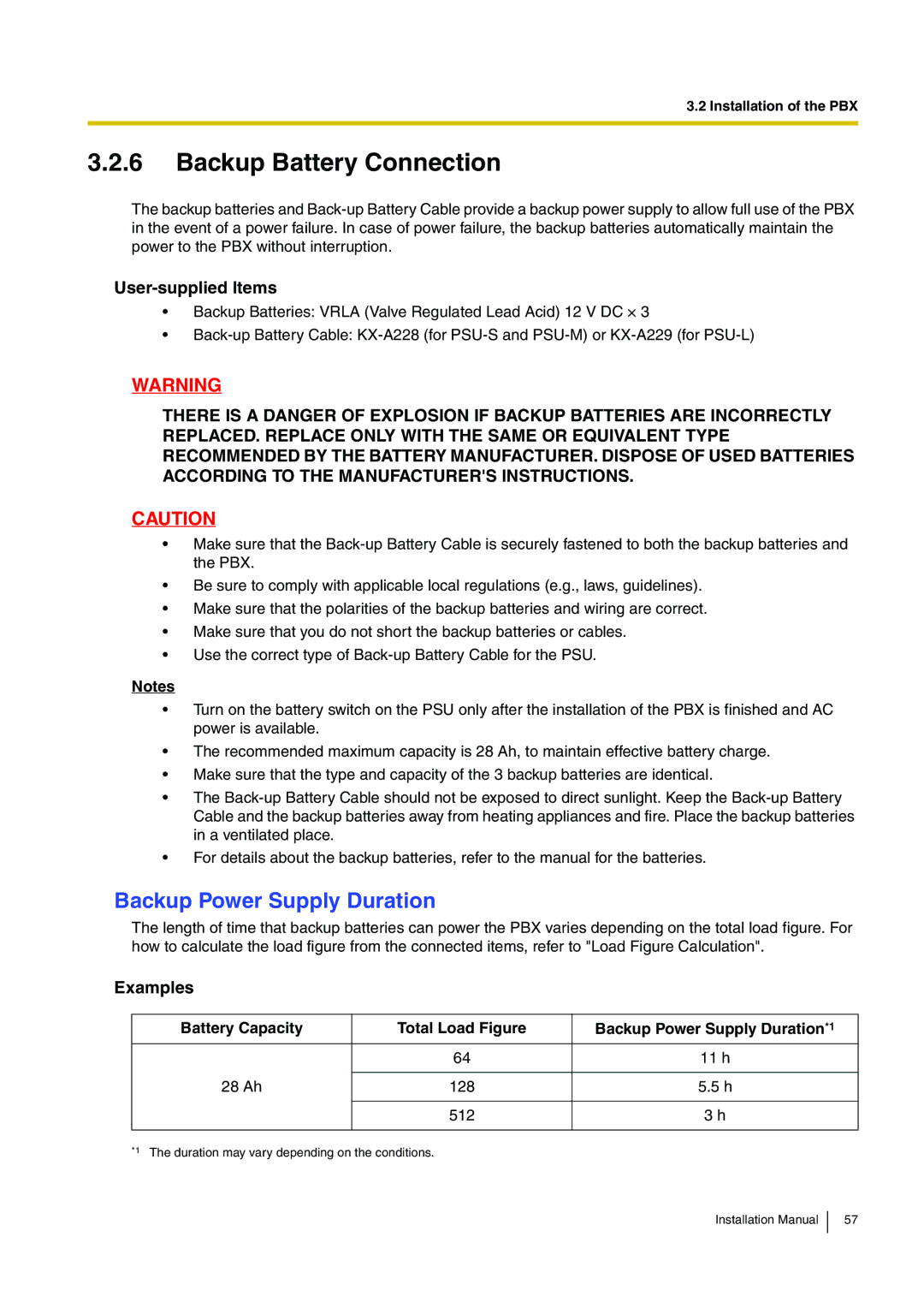 Panasonic KX-TDE100 Backup Battery Connection, Backup Power Supply Duration, User-supplied Items, Examples 