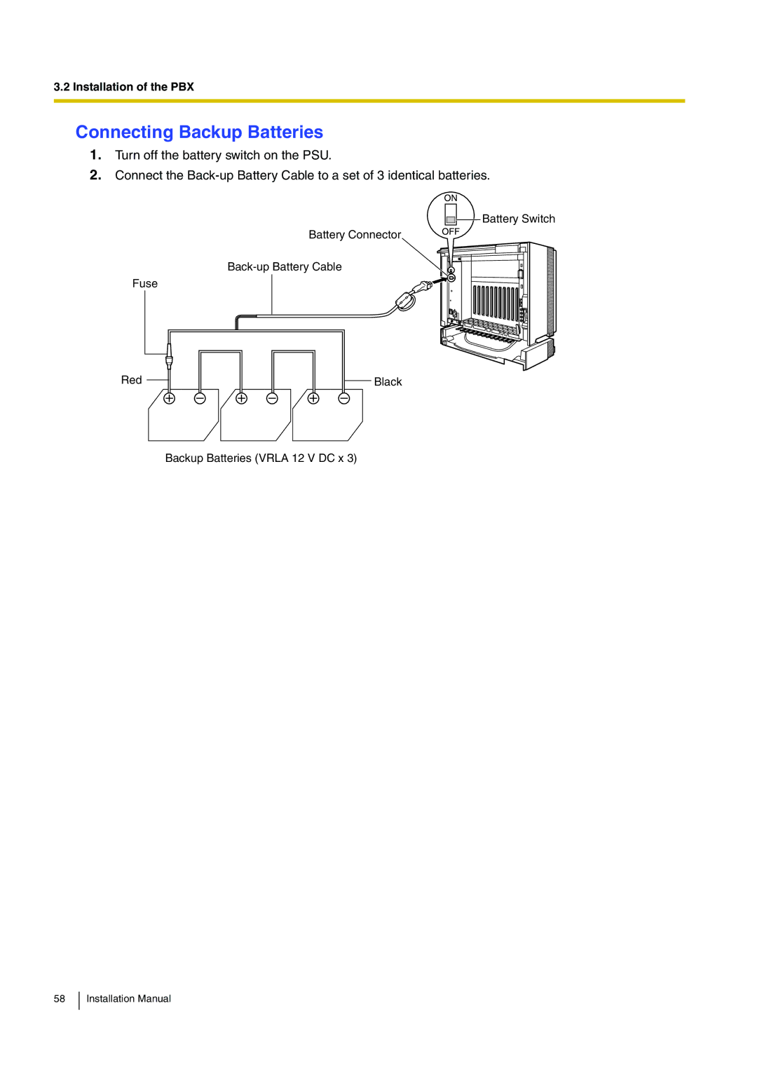 Panasonic KX-TDE100 installation manual Connecting Backup Batteries 