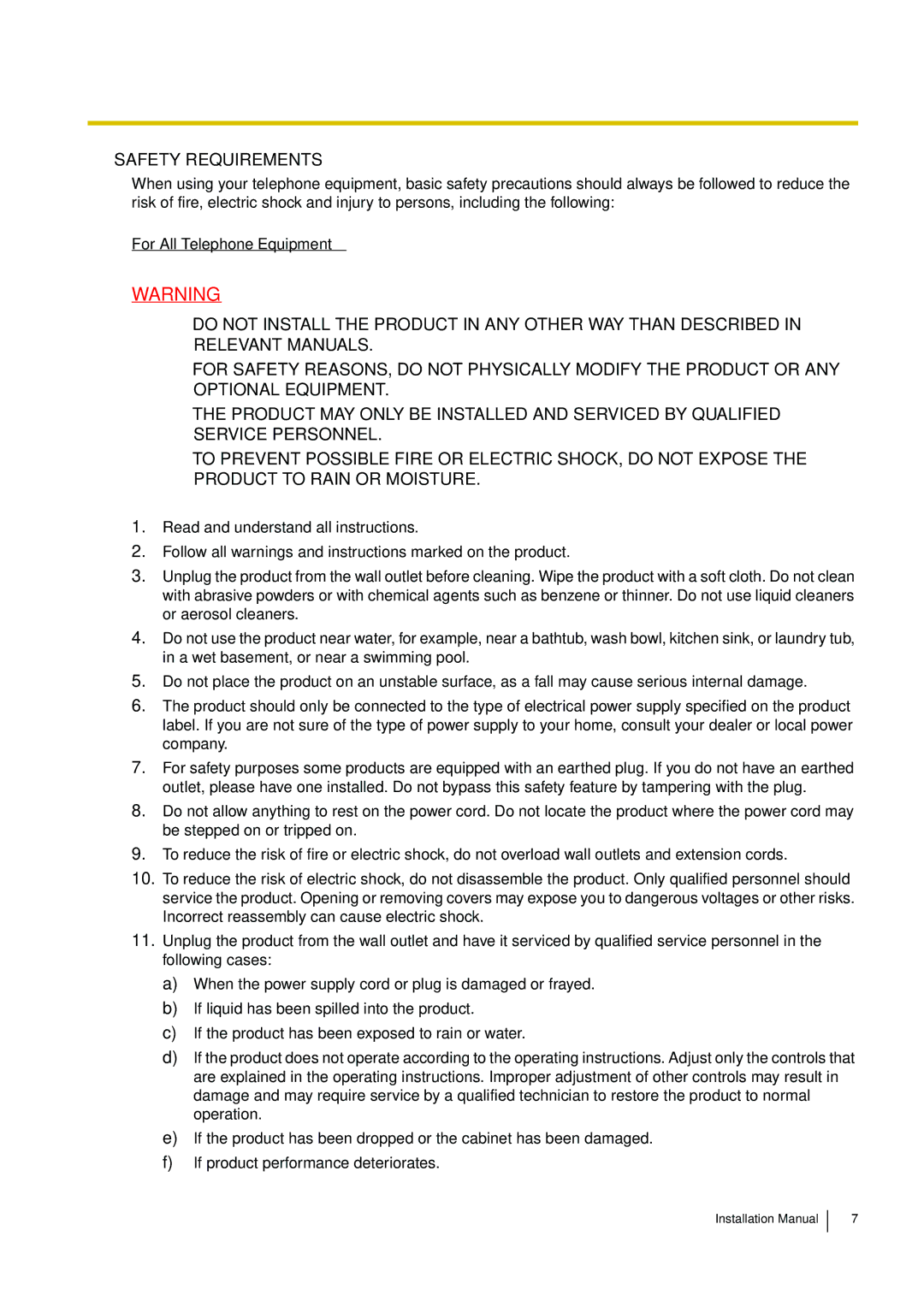 Panasonic KX-TDE100 installation manual Safety Requirements, For All Telephone Equipment 