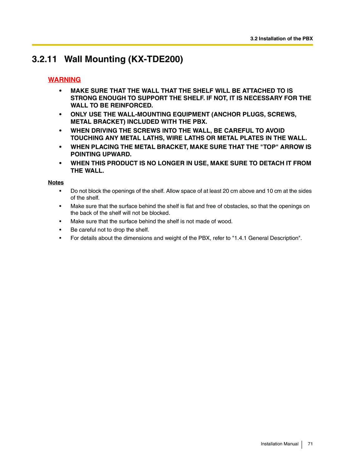 Panasonic KX-TDE100 installation manual Wall Mounting KX-TDE200 