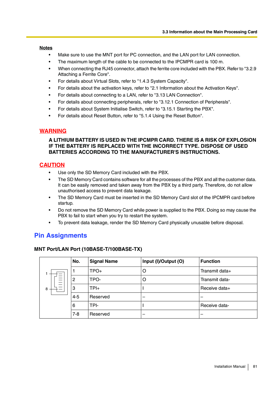 Panasonic KX-TDE100 Pin Assignments, MNT Port/LAN Port 10BASE-T/100BASE-TX, Signal Name Input I/Output O Function 