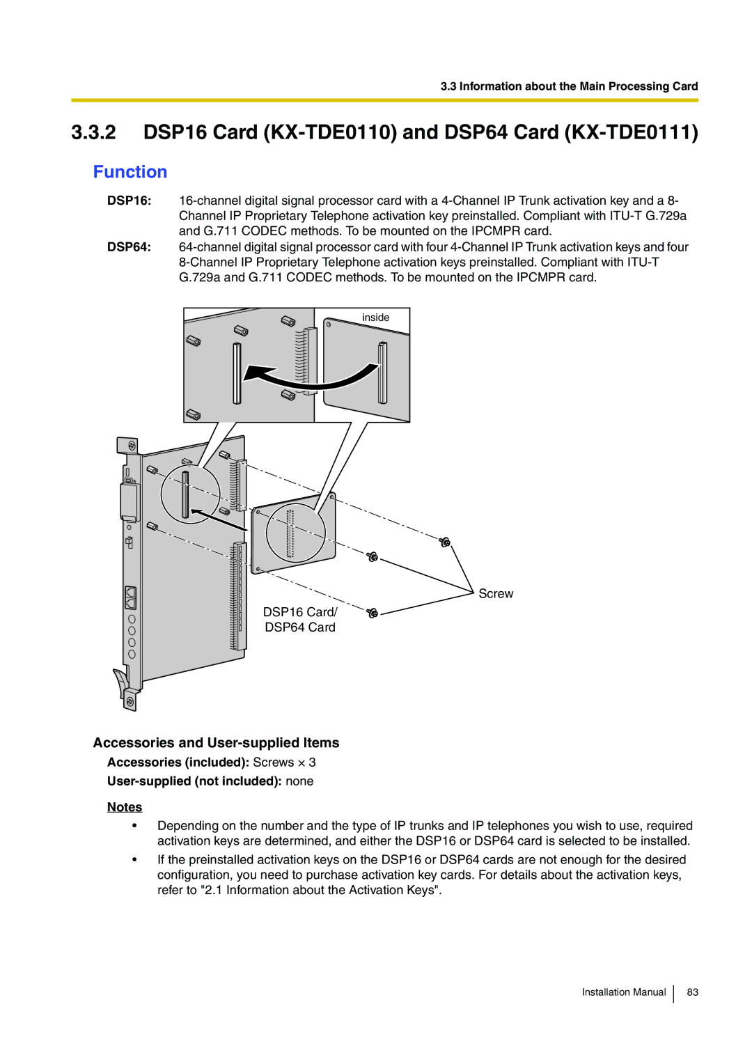 Panasonic KX-TDE100 installation manual 2 DSP16 Card KX-TDE0110 and DSP64 Card KX-TDE0111, Function 