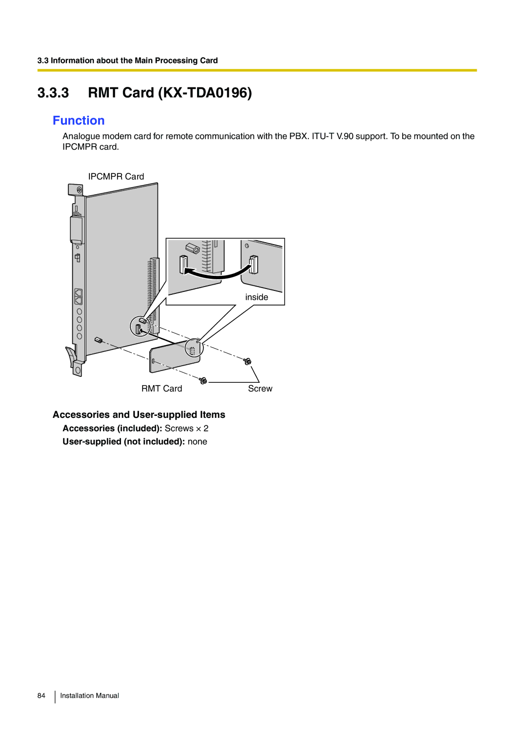 Panasonic KX-TDE100 installation manual RMT Card KX-TDA0196 