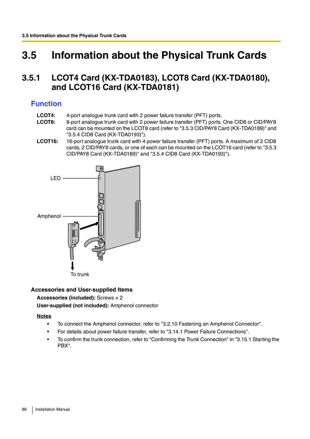 Panasonic KX-TDE100 installation manual Information about the Physical Trunk Cards, Led 