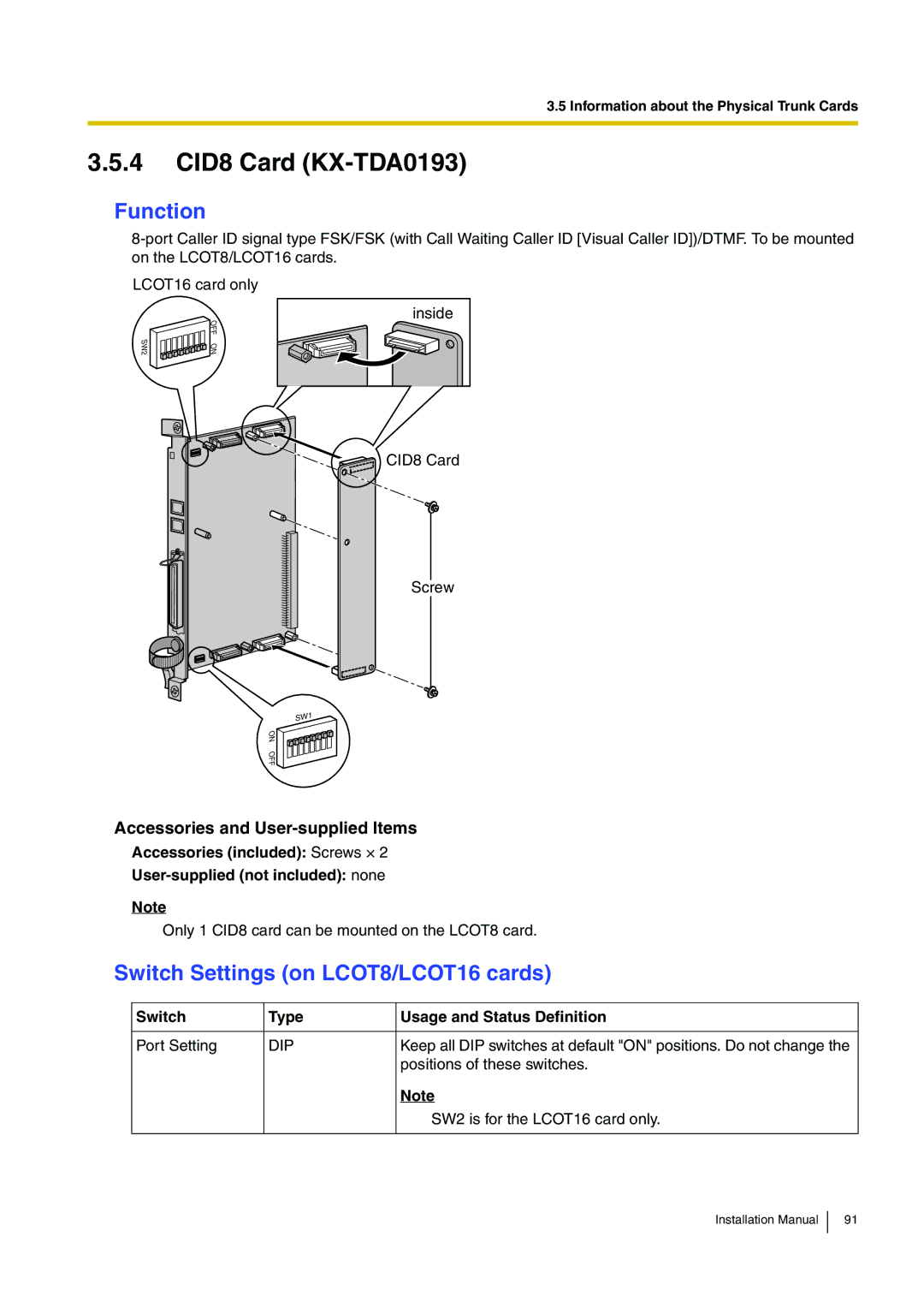 Panasonic KX-TDE100 installation manual 4 CID8 Card KX-TDA0193 