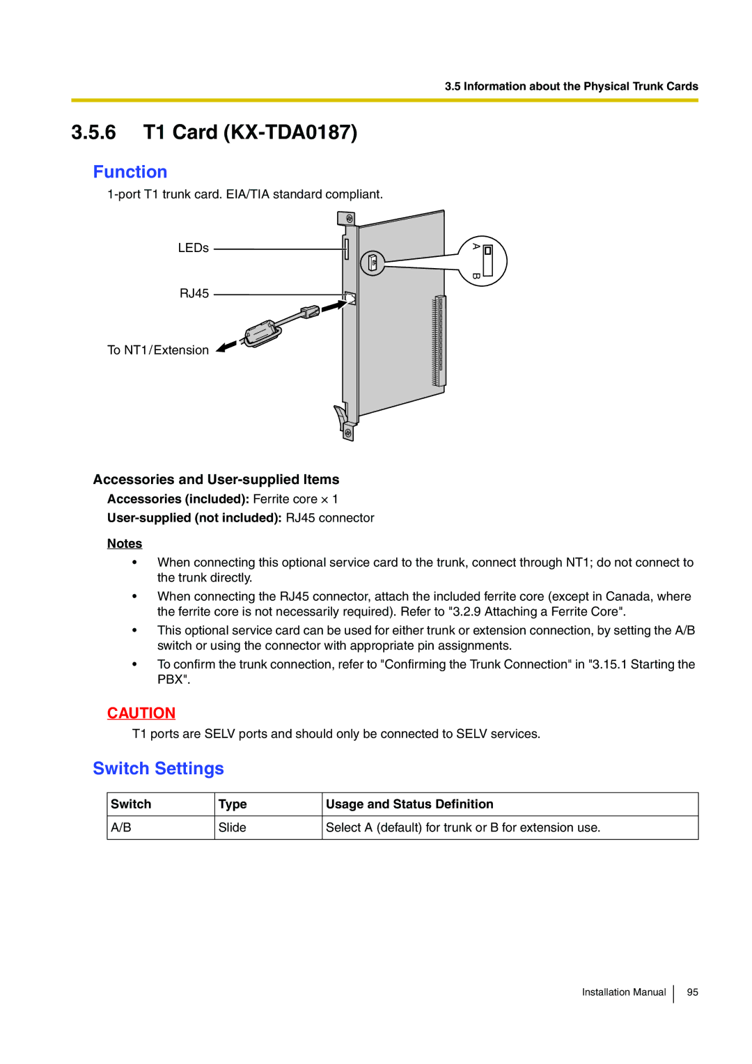 Panasonic KX-TDE100 installation manual 6 T1 Card KX-TDA0187, Switch Settings 