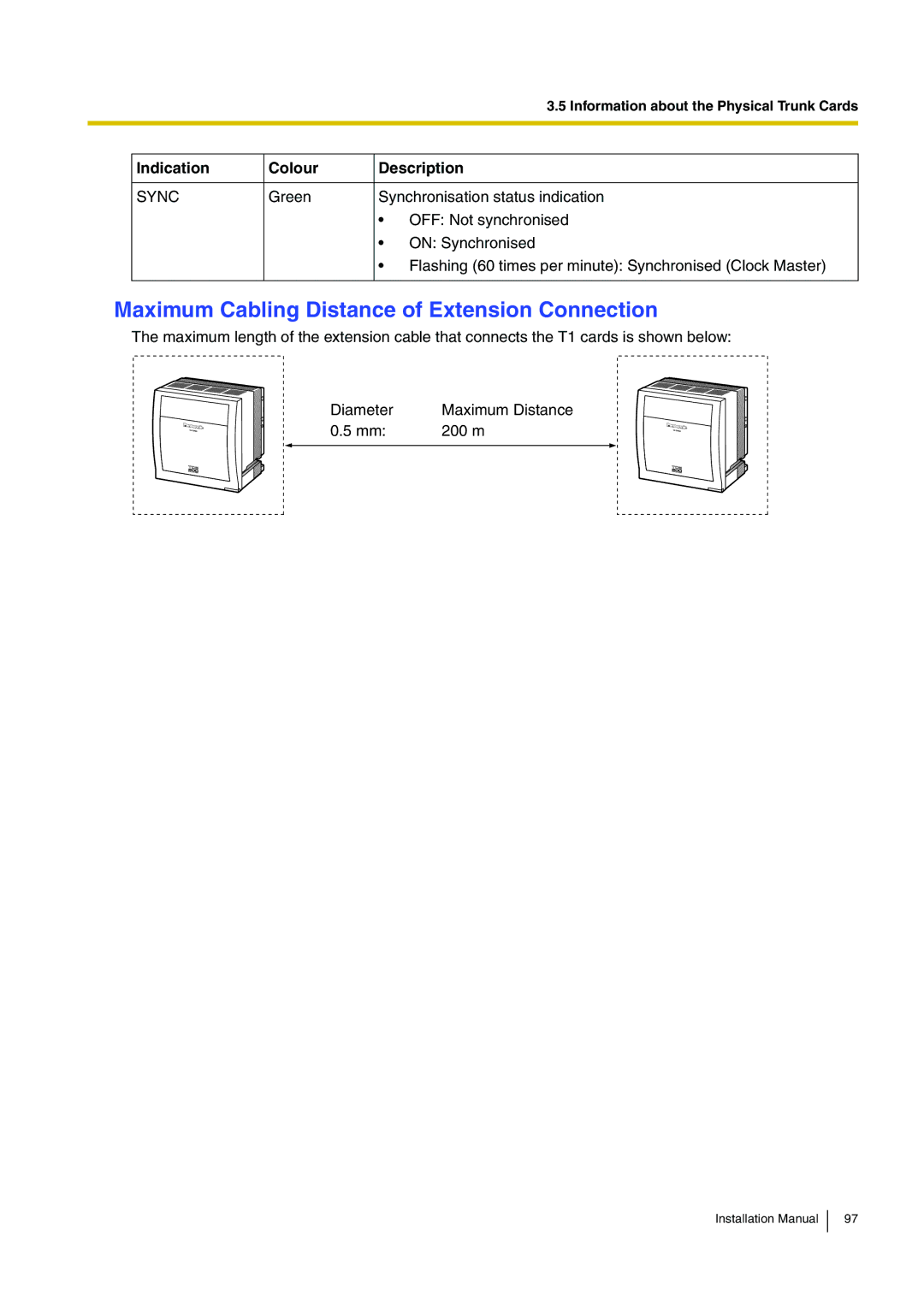 Panasonic KX-TDE100 installation manual Maximum Cabling Distance of Extension Connection, Sync 