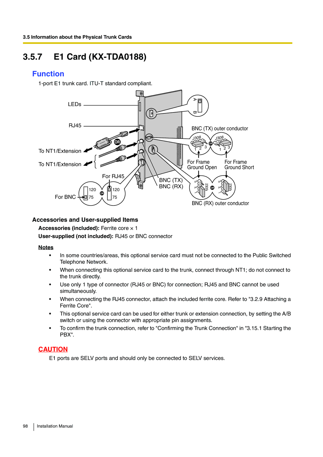 Panasonic KX-TDE100 installation manual 7 E1 Card KX-TDA0188, Bnc Tx, Bnc Rx 