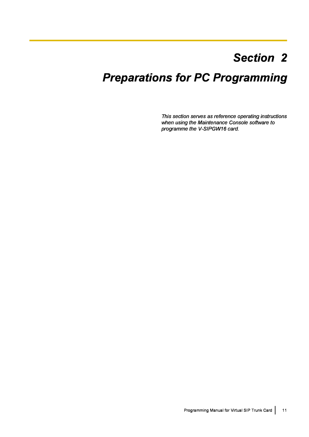 Panasonic KX-TDE100 manual Preparations for PC Programming, Programming Manual for Virtual SIP Trunk Card 