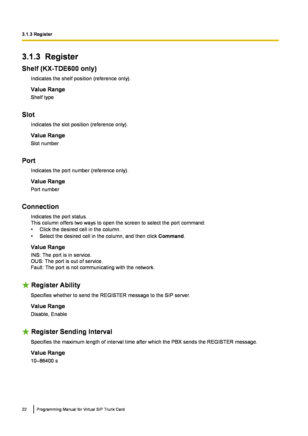 Panasonic KX-TDE100 manual Register Ability, Register Sending Interval, Shelf KX-TDE600 only, Slot, Port, Connection 