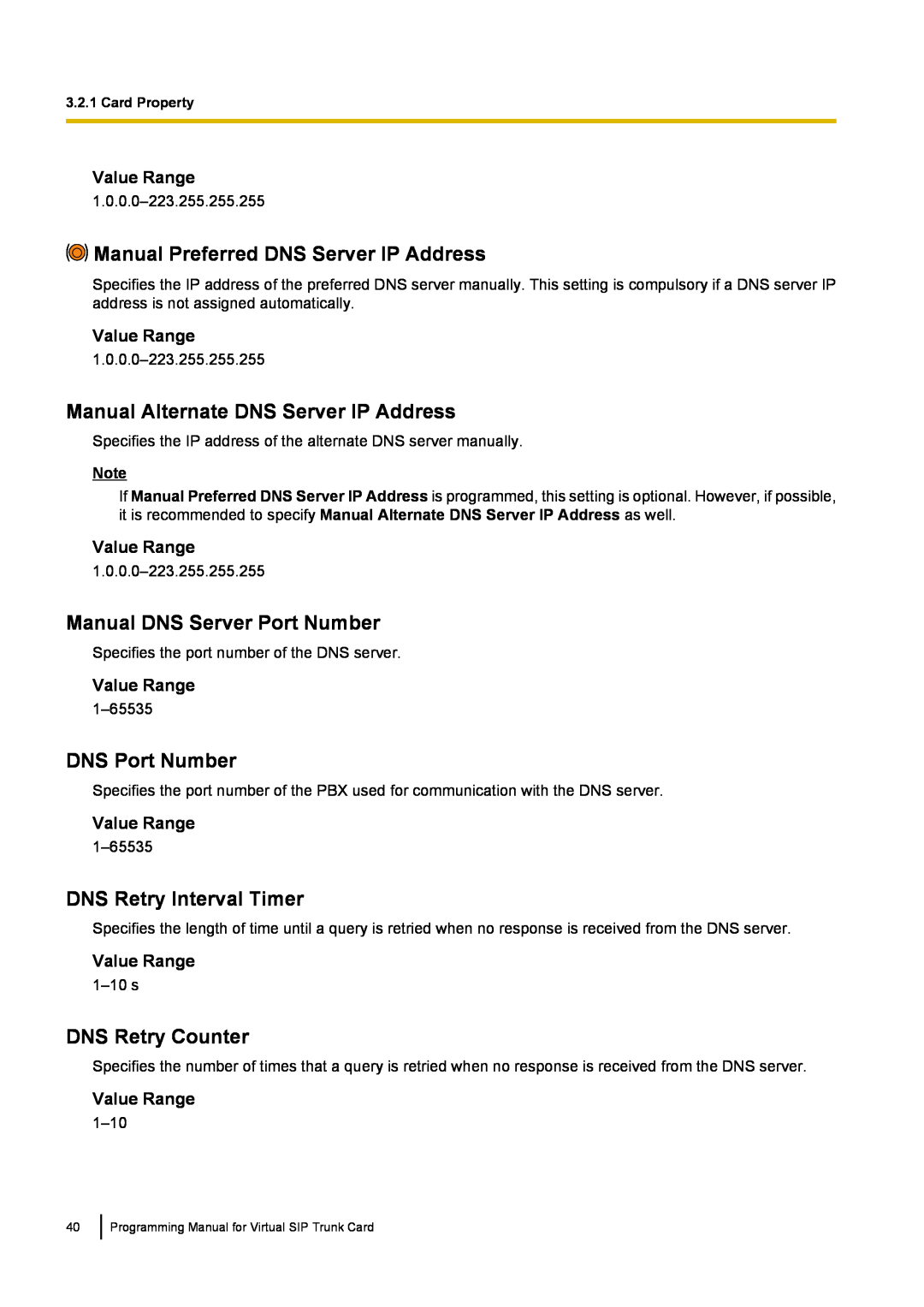 Panasonic KX-TDE100 manual Manual Preferred DNS Server IP Address, Manual Alternate DNS Server IP Address, DNS Port Number 