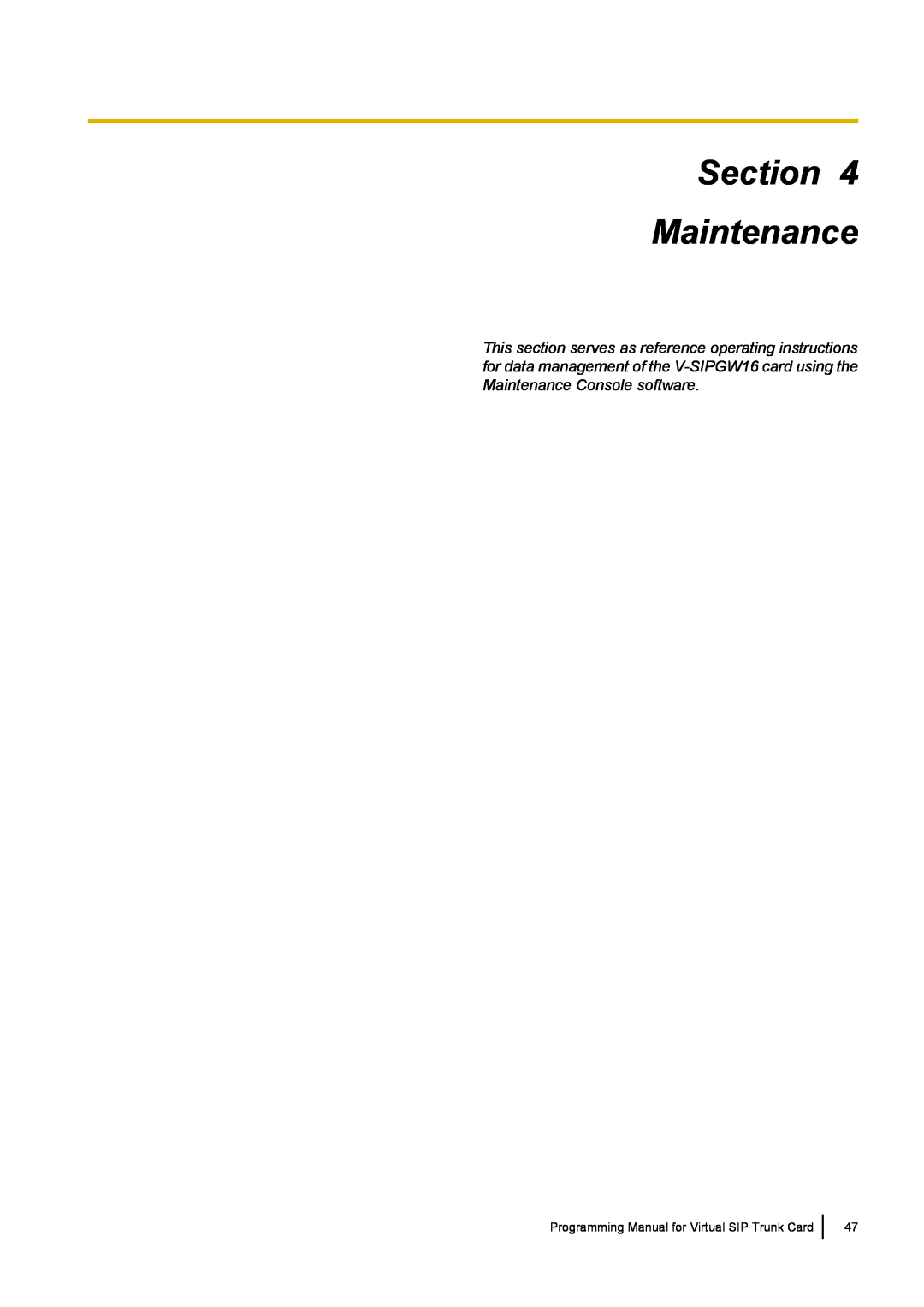 Panasonic KX-TDE100 manual Section Maintenance, Programming Manual for Virtual SIP Trunk Card 