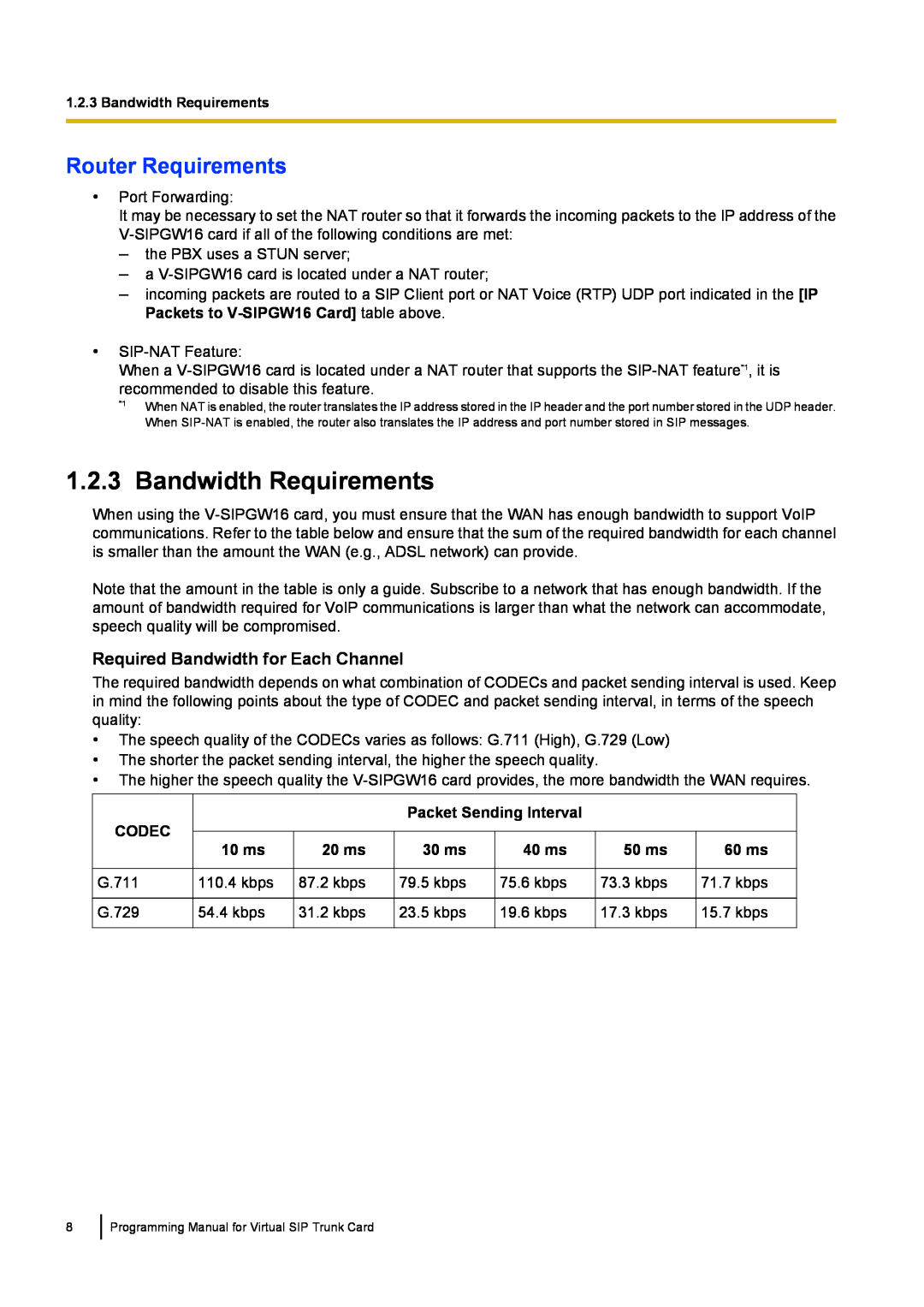 Panasonic KX-TDE100 manual Bandwidth Requirements, Router Requirements, Codec, Packet Sending Interval, 10 ms, 20 ms, 30 ms 