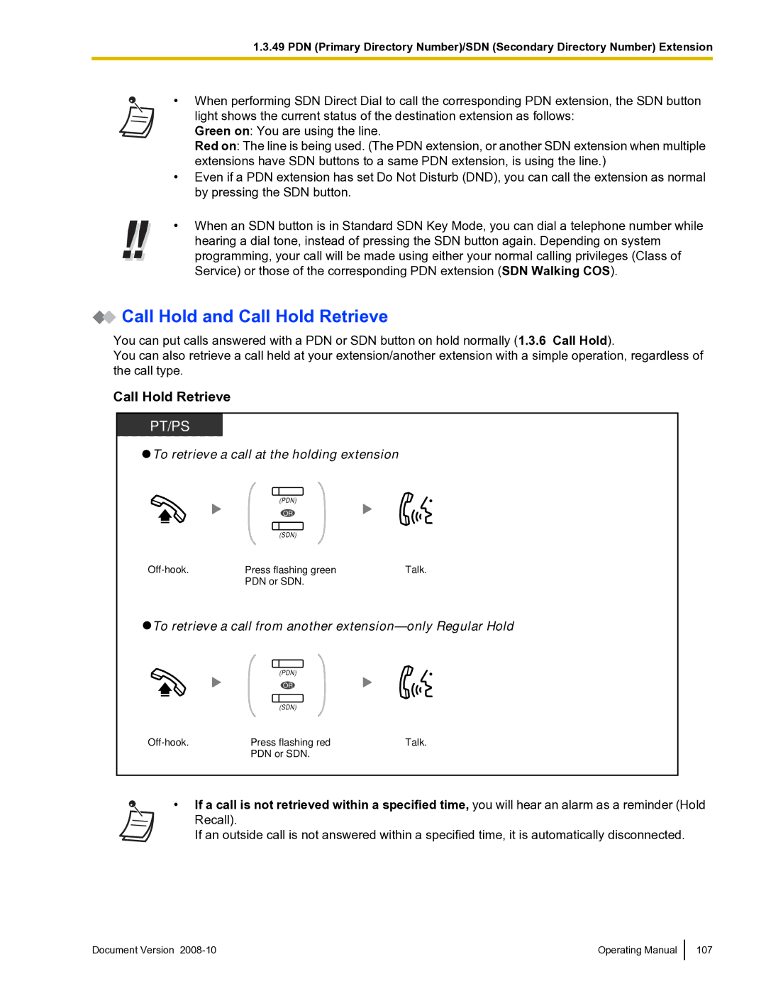 Panasonic KX-TDE600 manual Call Hold and Call Hold Retrieve, PDN or SDN 