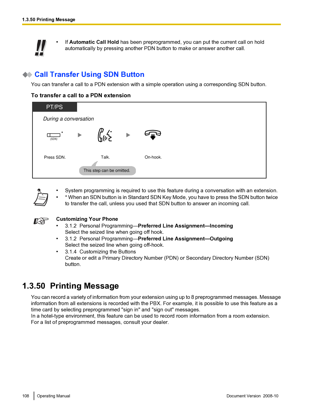 Panasonic KX-TDE600 manual Printing Message, Call Transfer Using SDN Button, To transfer a call to a PDN extension 