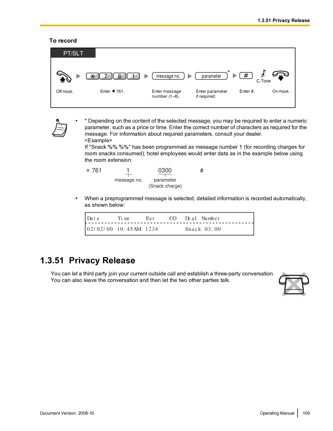 Panasonic KX-TDE600 manual Privacy Release, To record 