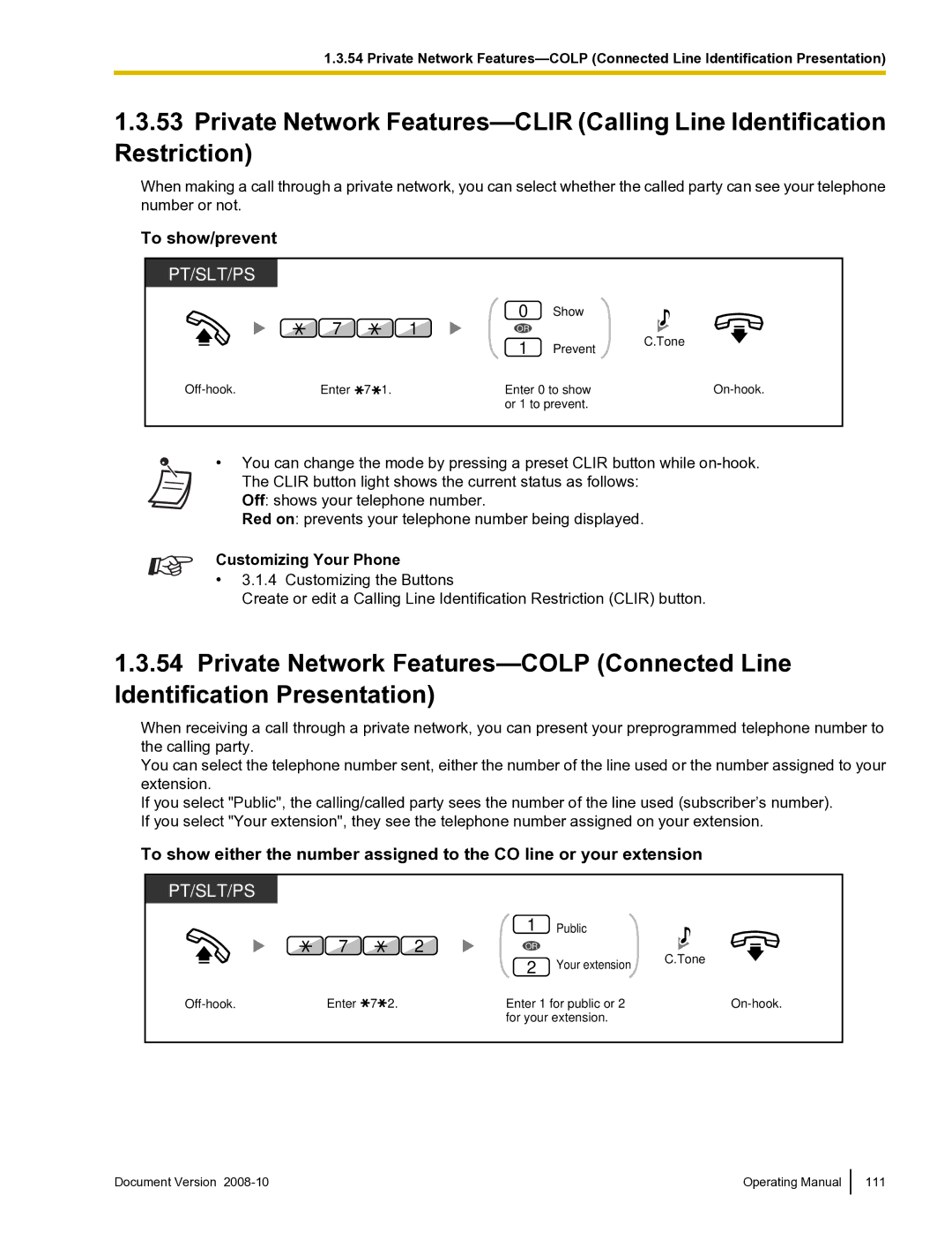 Panasonic KX-TDE600 manual To show/prevent, Customizing Your Phone 