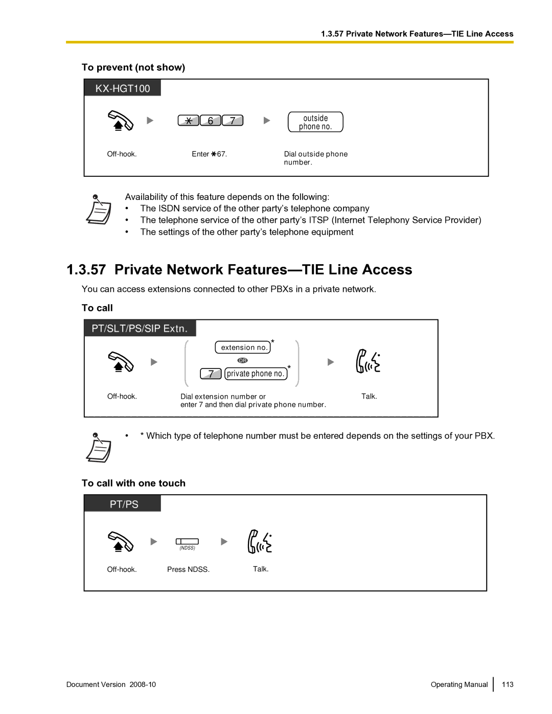 Panasonic KX-TDE600 manual Private Network Features-TIE Line Access, To prevent not show, To call with one touch 