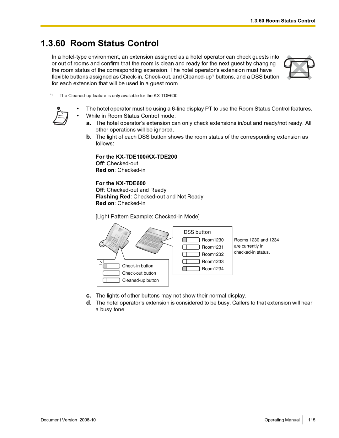 Panasonic manual Room Status Control, For the KX-TDE100/KX-TDE200 Off Checked-out, For the KX-TDE600 