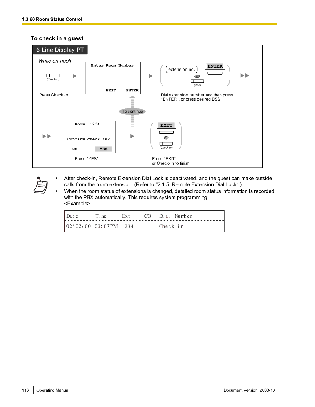 Panasonic KX-TDE600 manual To check in a guest, Press Check-in 