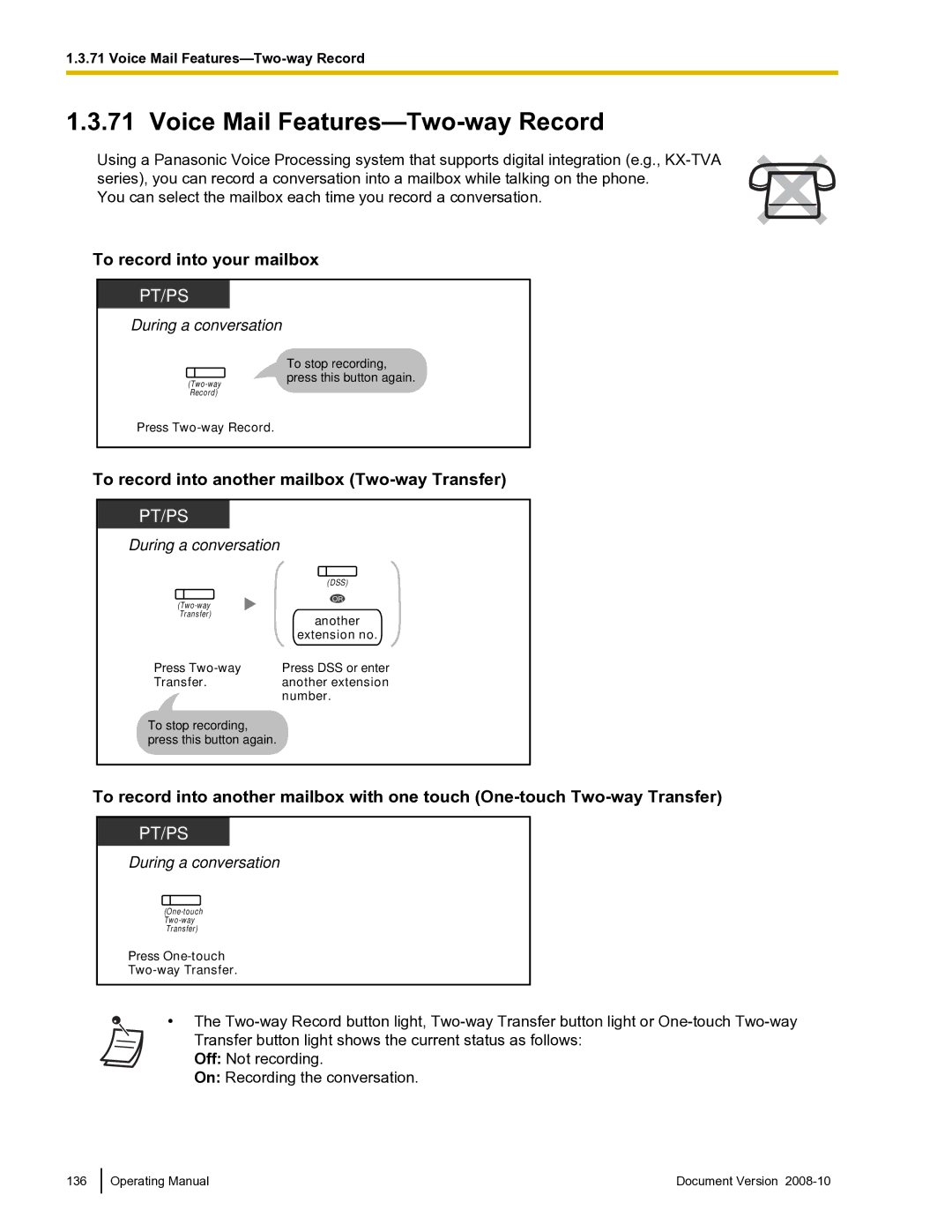 Panasonic KX-TDE600 manual Voice Mail Features-Two-way Record, To record into your mailbox 