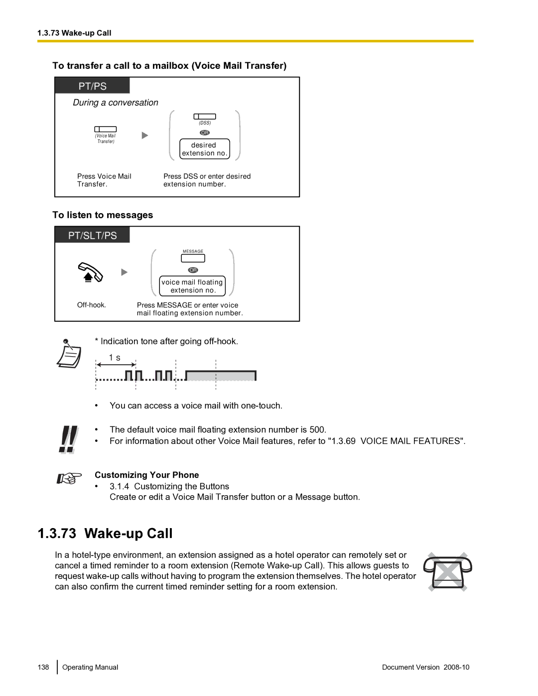 Panasonic KX-TDE600 manual Wake-up Call, To transfer a call to a mailbox Voice Mail Transfer, To listen to messages 