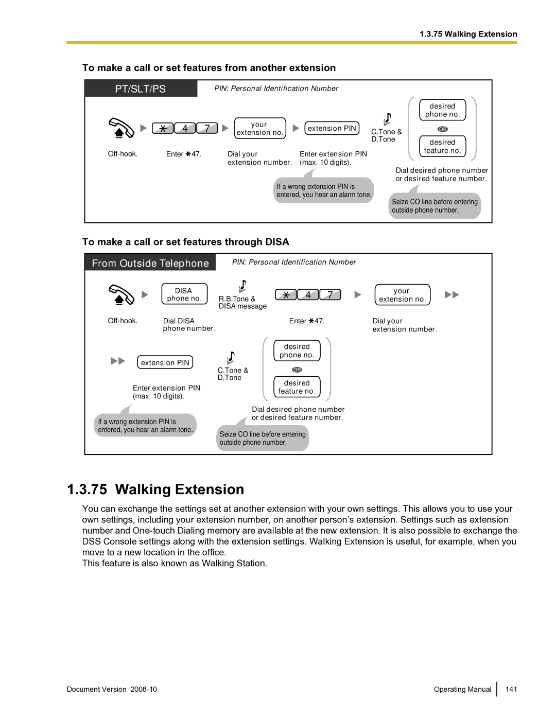 Panasonic KX-TDE600 Walking Extension, To make a call or set features from another extension, Disa message Enter Dial your 