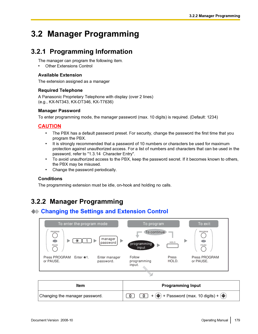 Panasonic KX-TDE600 manual Manager Programming, Changing the Settings and Extension Control, Manager Password 