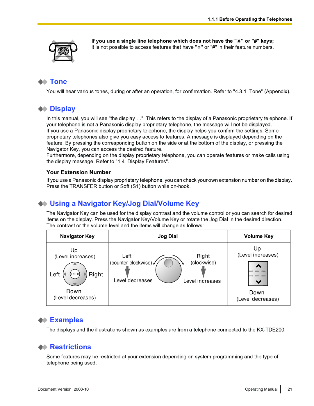 Panasonic KX-TDE600 manual Tone, Display, Using a Navigator Key/Jog Dial/Volume Key, Examples, Restrictions 