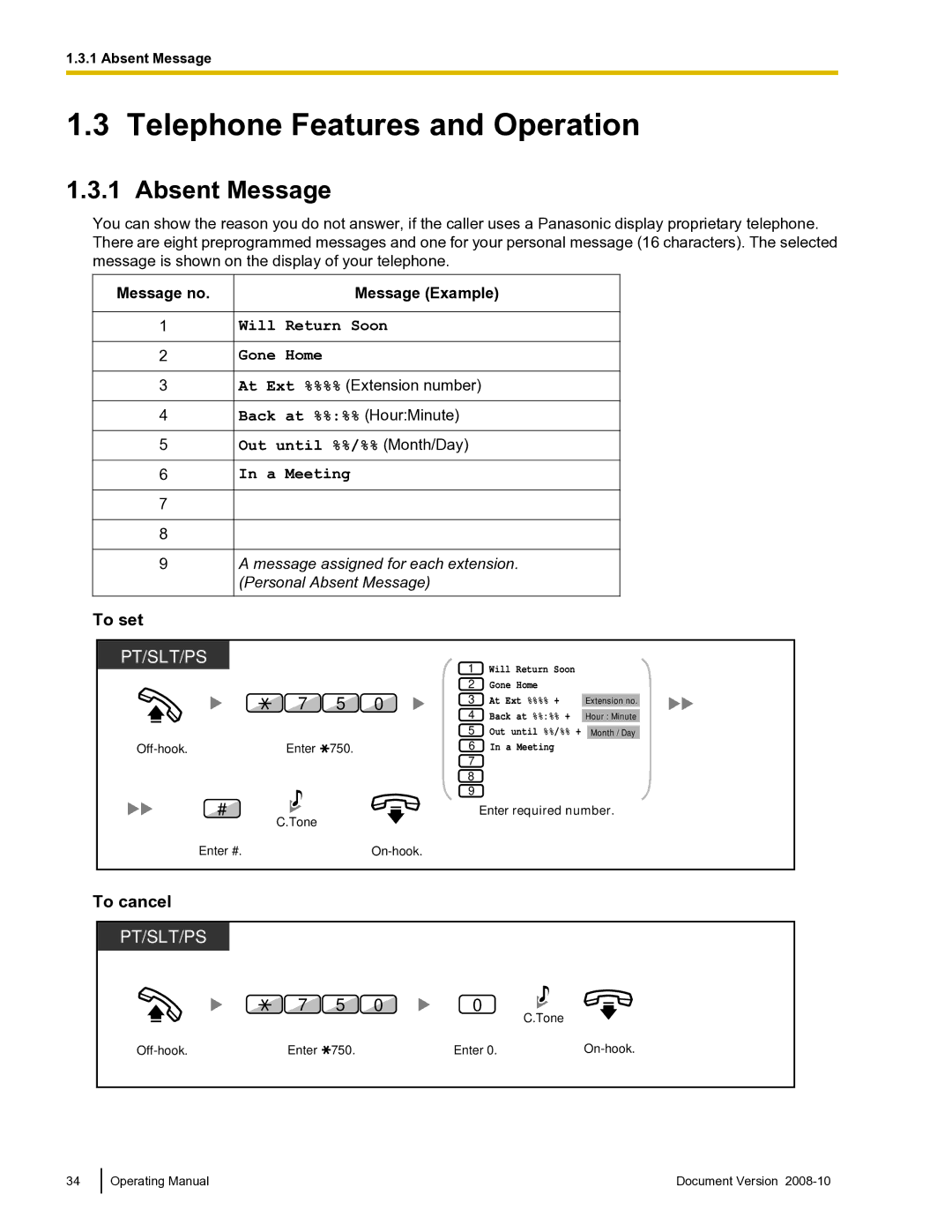 Panasonic KX-TDE600 manual Absent Message, To set, To cancel, Message no Message Example, Off-hook Enter 750 