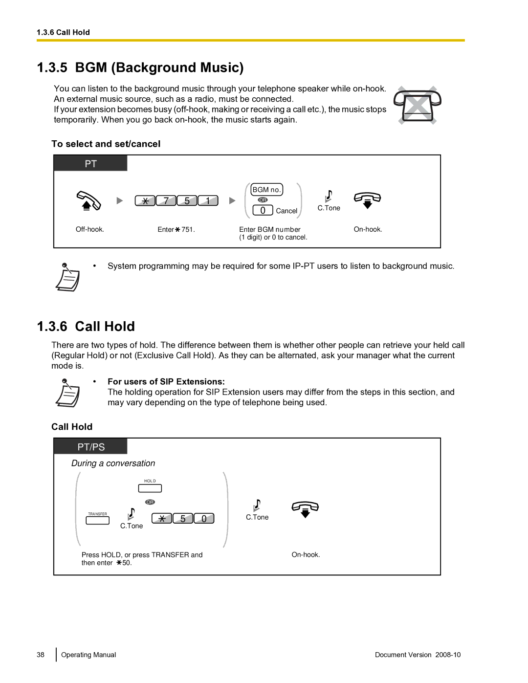 Panasonic KX-TDE600 manual BGM Background Music, Call Hold, To select and set/cancel, For users of SIP Extensions 