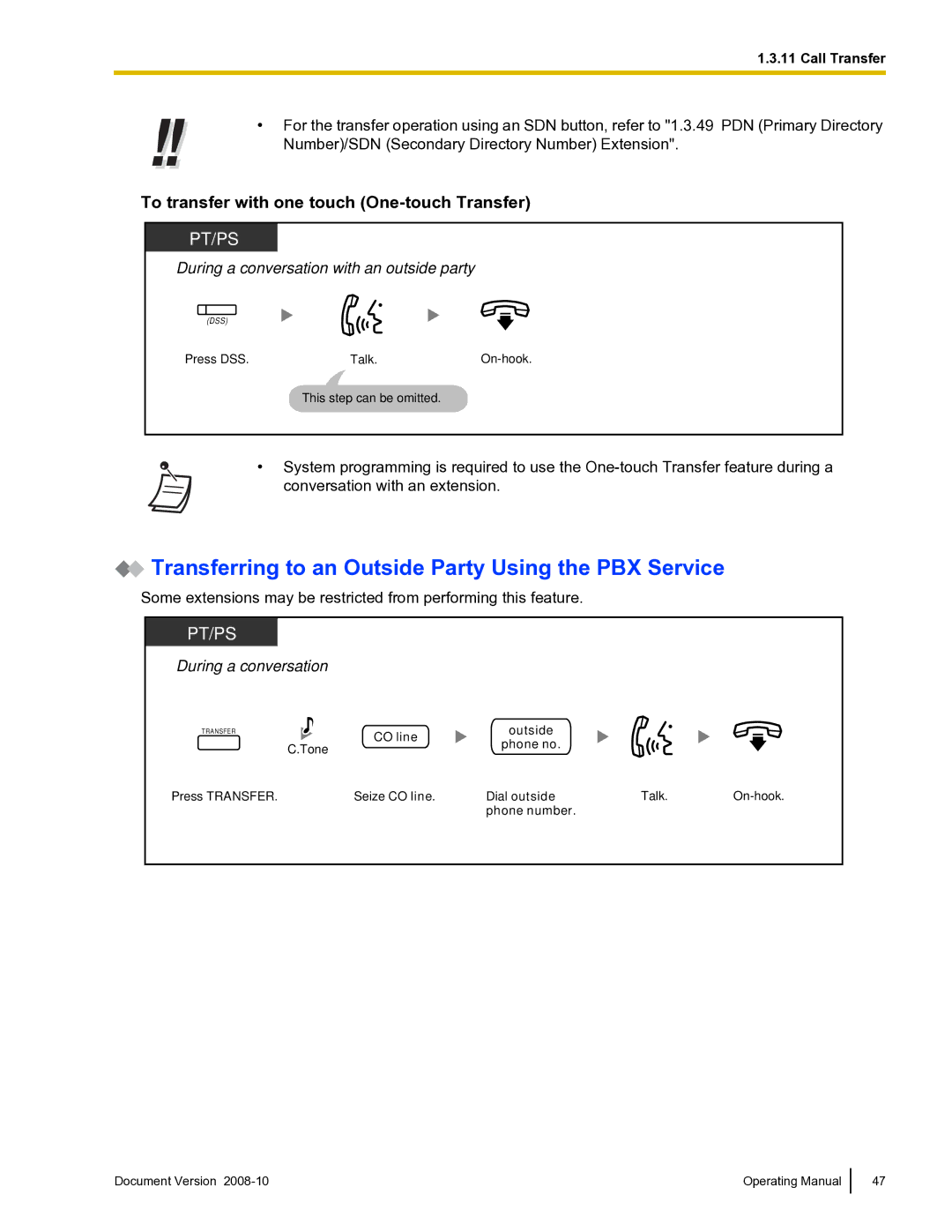 Panasonic KX-TDE600 Transferring to an Outside Party Using the PBX Service, To transfer with one touch One-touch Transfer 