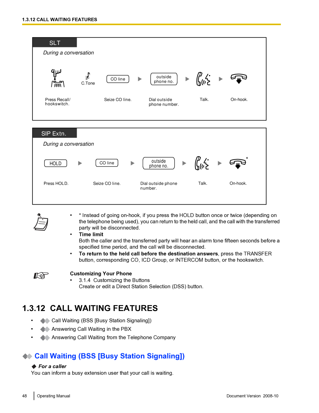 Panasonic KX-TDE600 manual Call Waiting BSS Busy Station Signaling, Time limit, Press Hold, Talk On-hook Number 