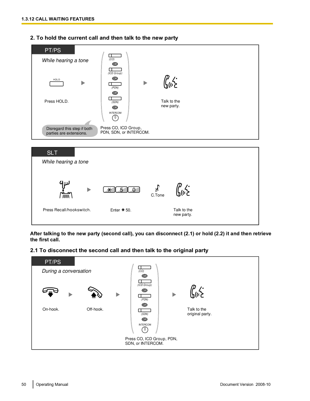 Panasonic KX-TDE600 To hold the current call and then talk to the new party, Press CO, ICD Group PDN, SDN, or Intercom 