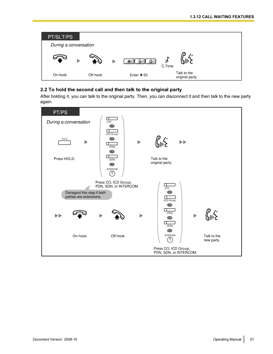 Panasonic KX-TDE600 manual To hold the second call and then talk to the original party, During a conversation 