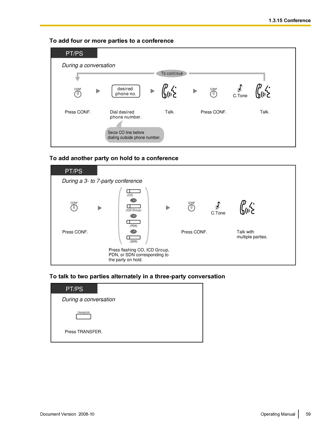 Panasonic KX-TDE600 manual To add four or more parties to a conference, To add another party on hold to a conference 