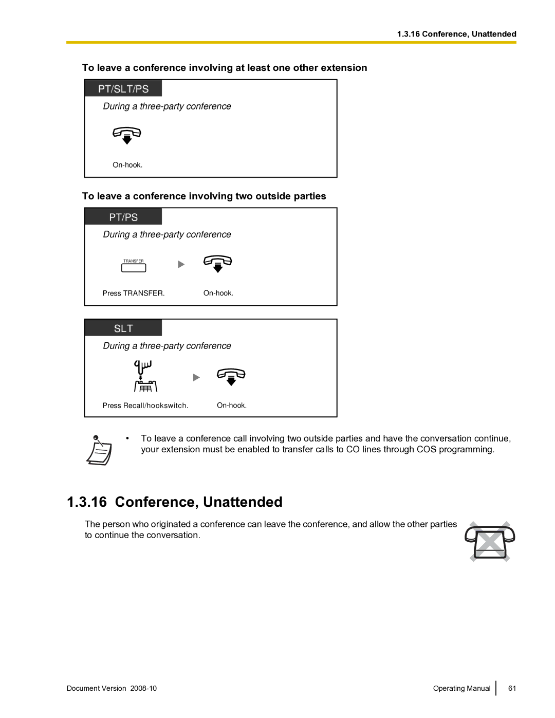 Panasonic KX-TDE600 manual Conference, Unattended, To leave a conference involving two outside parties 