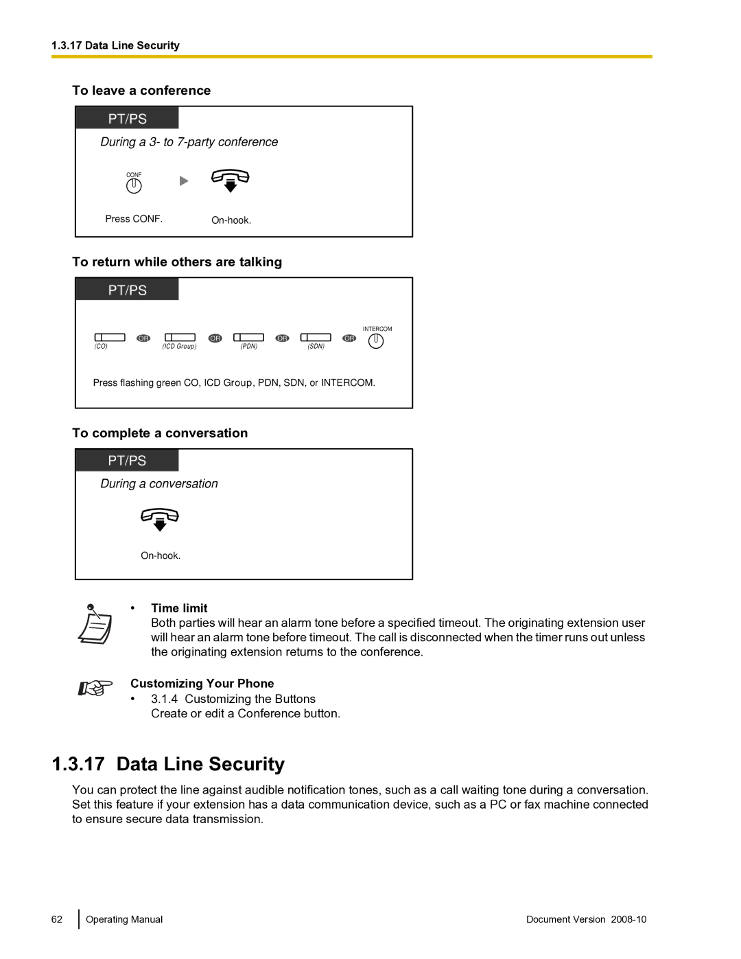 Panasonic KX-TDE600 manual Data Line Security, To leave a conference, To return while others are talking 