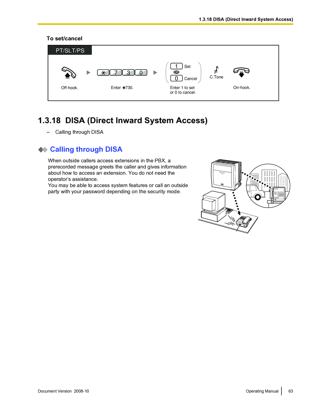 Panasonic KX-TDE600 manual Disa Direct Inward System Access, Calling through Disa, To set/cancel, 730 